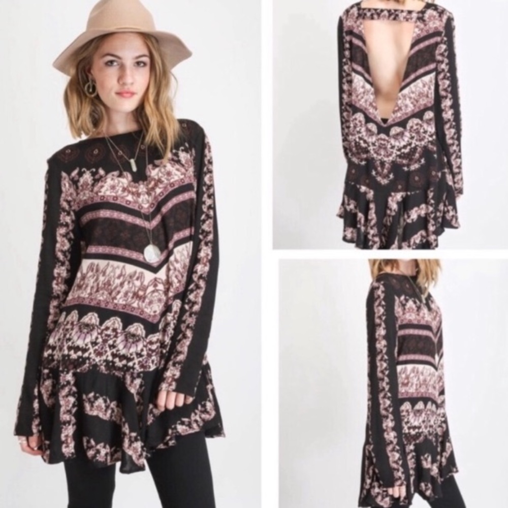 New Free People Smooth Talker Boho Tunic Top Open  Back Long Sleeve Black Purple